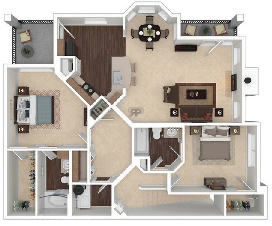 Floor plan for 2 beds, 2 baths, 1369 sqft